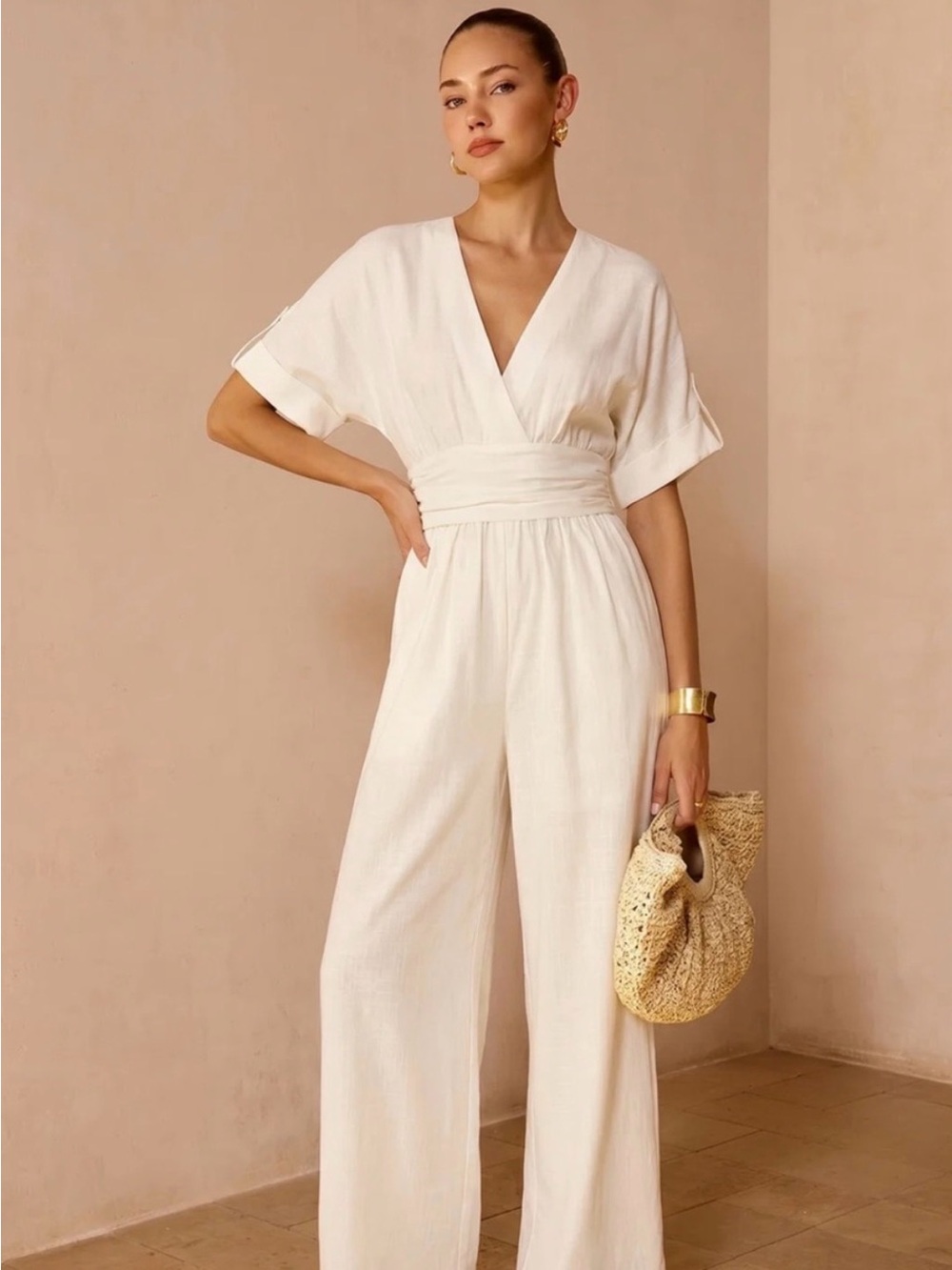 Commense Women's Cream V-Neck Wide-Leg Jumpsuit